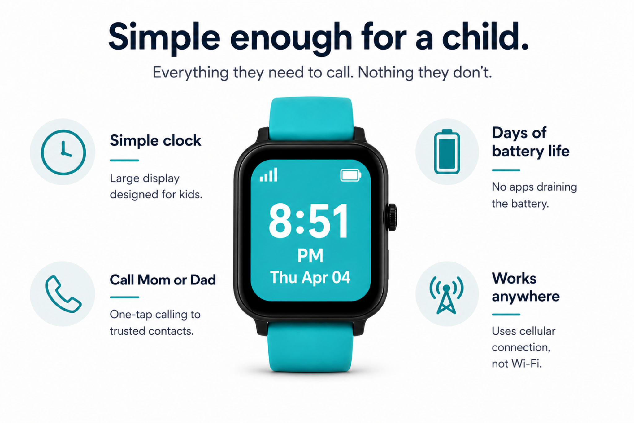 Simple enough for a child. Everything they need to call. Nothing they don’t. Pipeo has a simple clock, one-tap calling to trusted contacts, days of battery life, and works anywhere with cellular coverage.